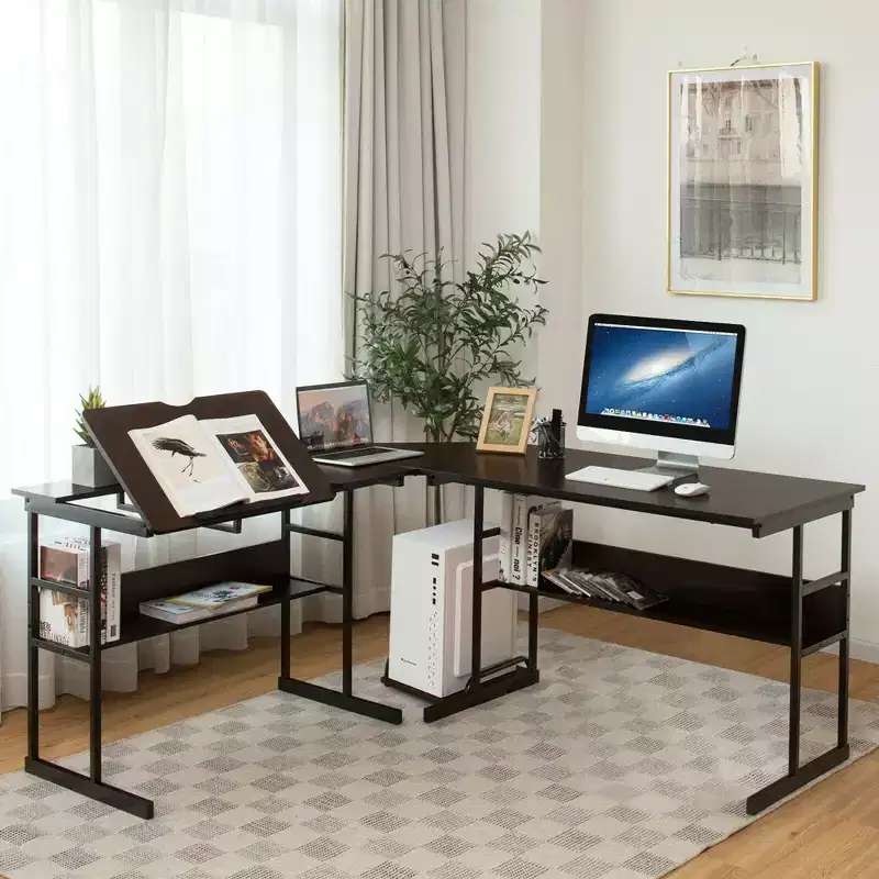 Costway L-Shaped Computer Desk Drafting Table Workstation w/ Tiltable Tabletop