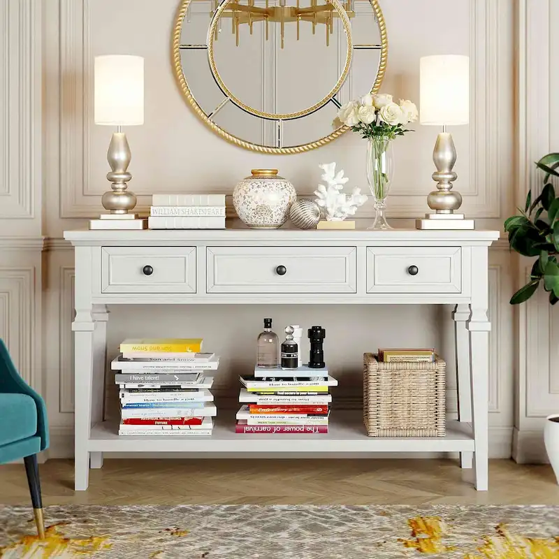 Retro Style Console Table with 3 Drawers and Open Bottom Shelf - Gray Wash