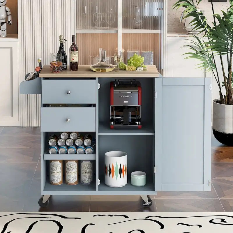 Rubberwood Kitchen Cart with Drop Leaf, Internal Storage Rack, Towel Holder, Spice Rack, and 2 drawers