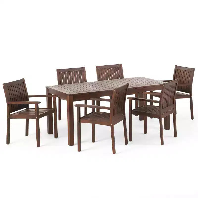 GDFStudio Paoha Outdoor Acacia Wood 7 Piece Dining Set with Slatted Design