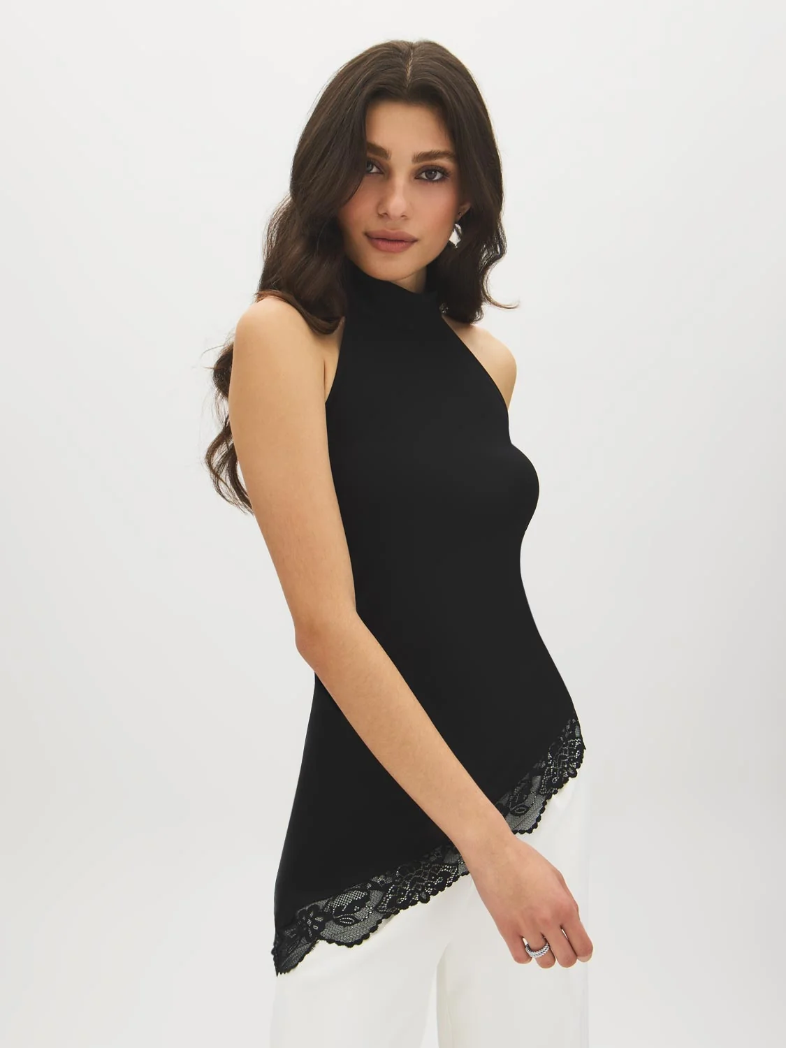 Mock Neck Halter Lace Trim Top