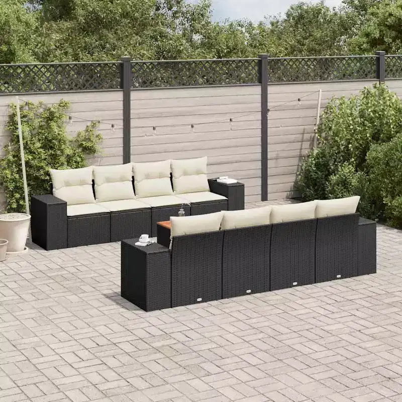 vidaXL Patio Sofa Set with Cushions Outdoor Furniture 9 Piece Poly Rattan - Black and Cream