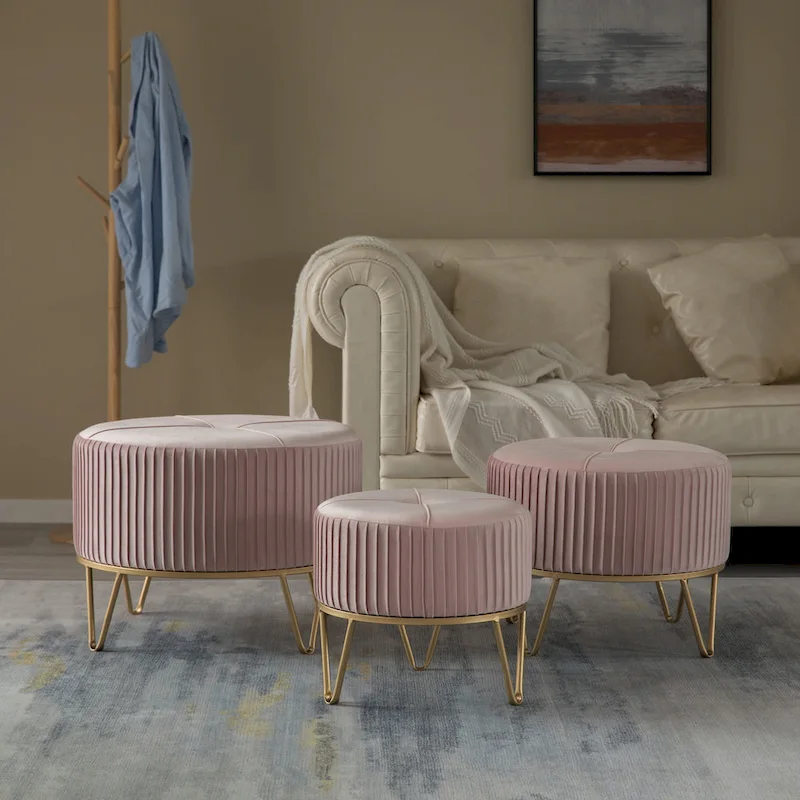 Round Velvet Ottoman Stool Raised with Hairpin Gold Base