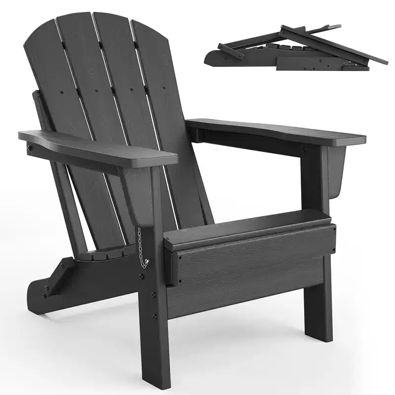 Heavy-Duty Folding HDPE Adirondack Chair,Collapsible Design, Weather Resistant with Wood Grain Texture & Cup Holder for Patio, Lawn, Garden, Deck