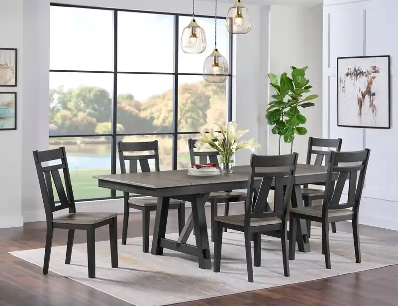 Dining Table with 66-94W Extension, Melamine, Trestle Base