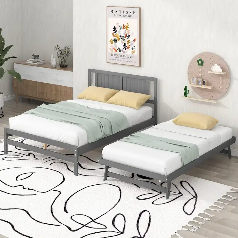 Modern Full Size Pine Wood Platform Bed with Adjustable Trundle