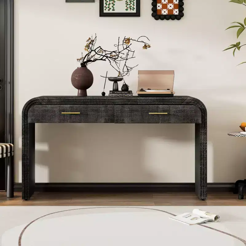 Curved Console Table with 2 Drawers for Entryway, Wood Minimalist Entryway Table with Storage for Living Room