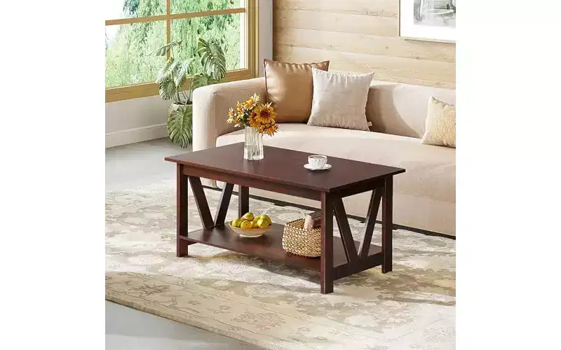 DEXYLLO Coffee Table with Storage Shelf, 39.4 Farmhouse Coffee Table with V-Frame Support