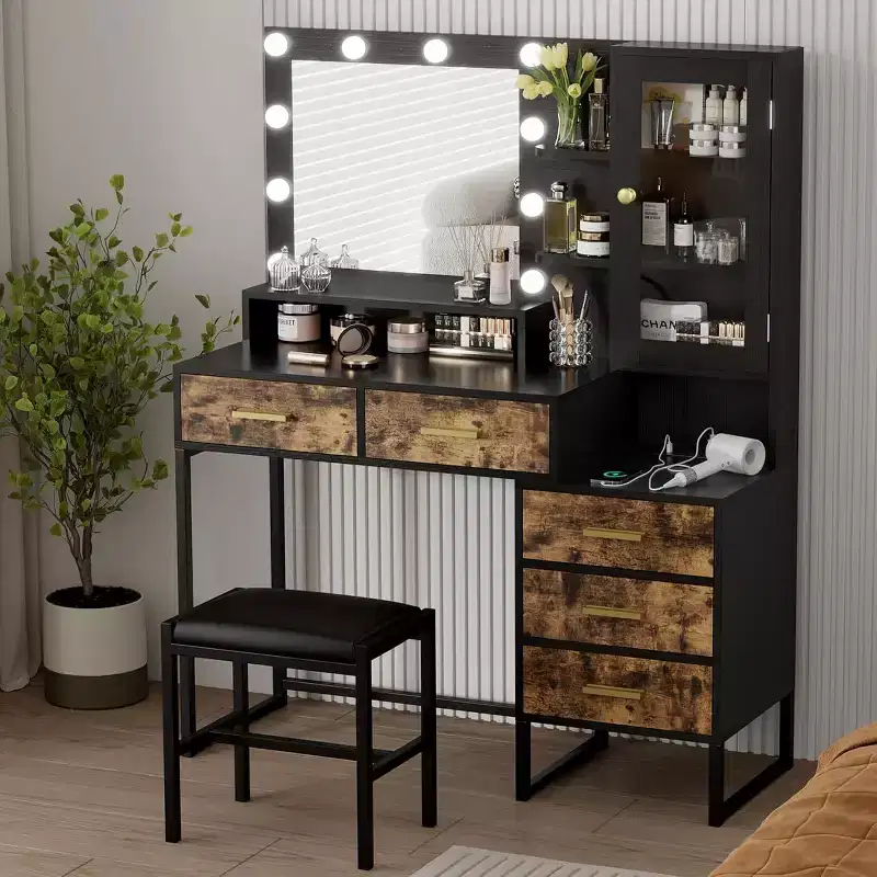 Large Makeup Vanity and Stool, Vanity Desk with Mirror and Lights, Makeup Table with Charging Station, Vanity Table with Drawers and LED Bulbs, Black