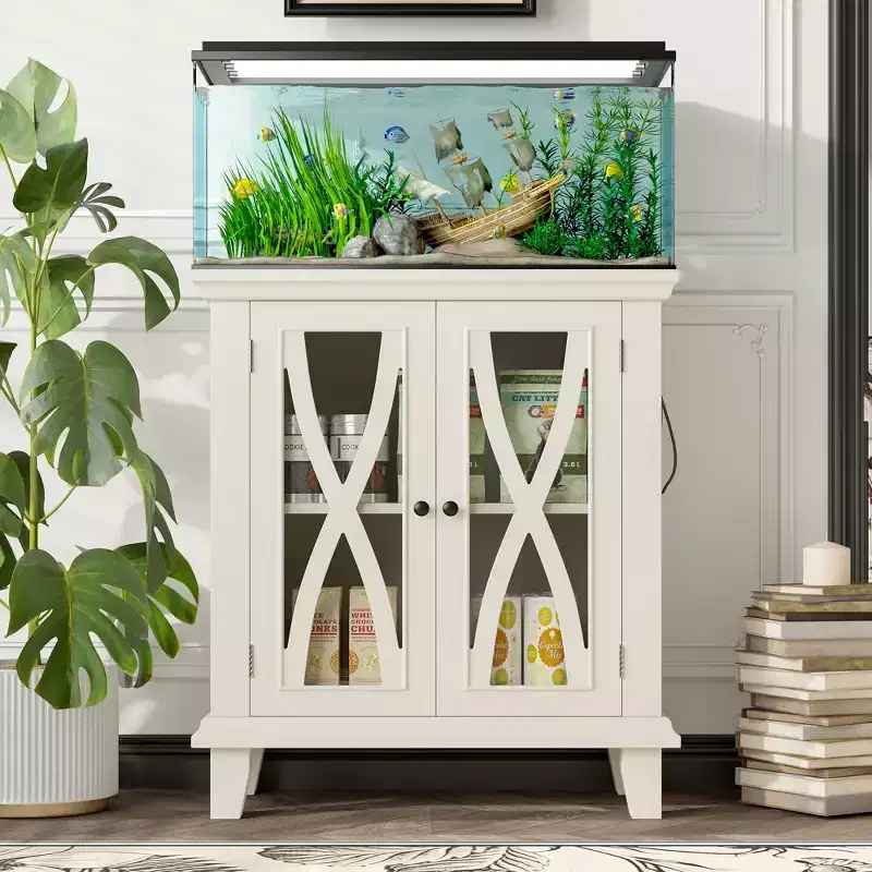 Farmhouse Wood Aquarium Stand with Power Outlets and Adjustable Shelves