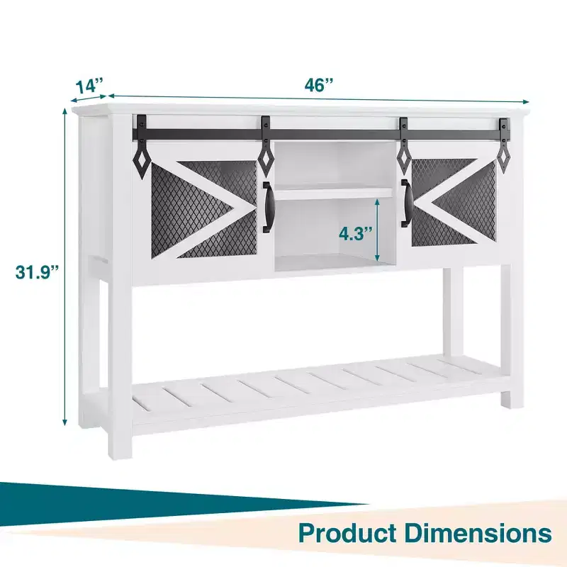 GustoWave Entryway Table w/Sliding Barn Doors, 46'' Farmhouse & Industrial Console Table with Storage, Sofa Table w/Open Shelf , White
