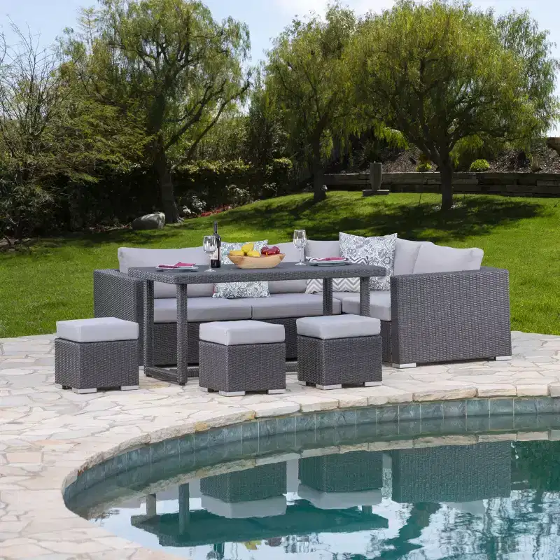 GDFStudio Avianna Outdoor Wicker 7 Seater Sofa Dining Set with Ottomans and Cushions