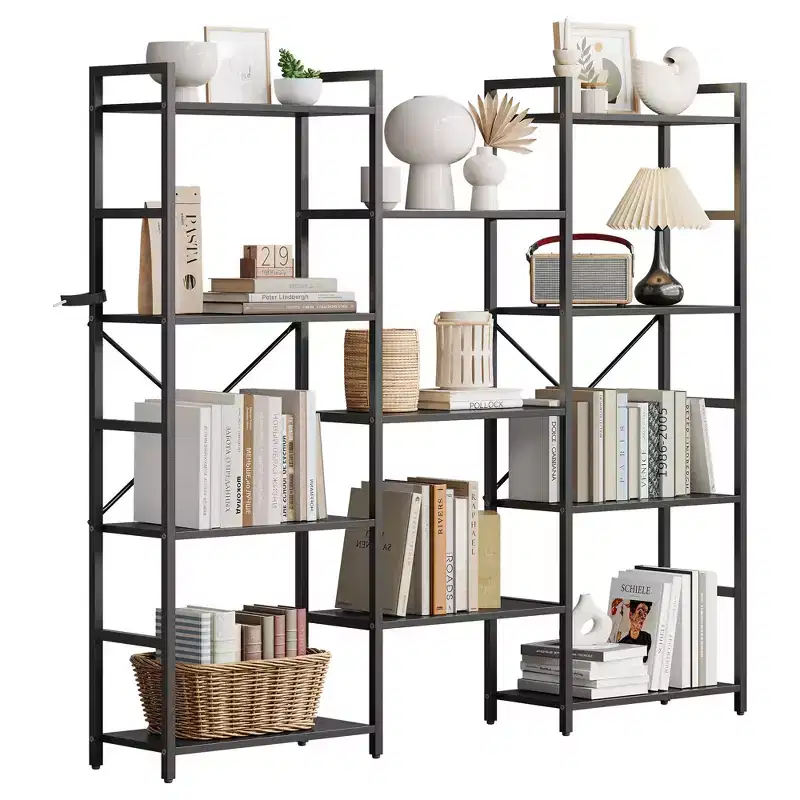 Industrial-style adjustable-shelf bookcase with open display tiers, suitable for living rooms, homes, and offices