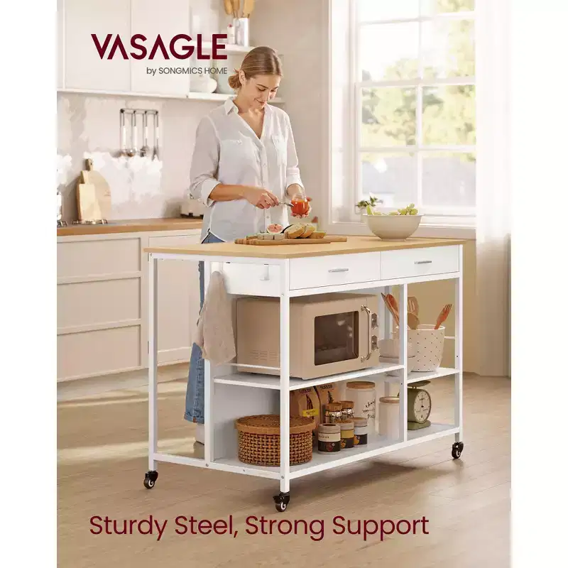 Kitchen Rolling Island Cart with 2 Drawers and Adjustable Shelves, 648 lb Capacity Mobile Workstation on Locking Wheels, 43.3 Wide, Beige and White