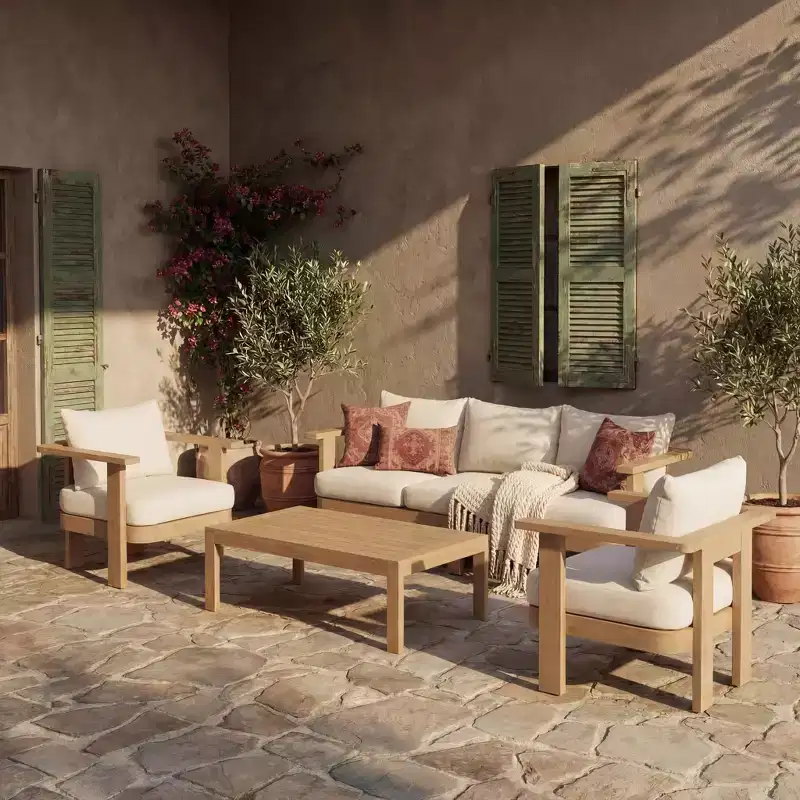 Christopher Knight Home Abena Modern 4 Piece Patio Acacia Wood Seating Set with Cushion and Slatted Coffee Table