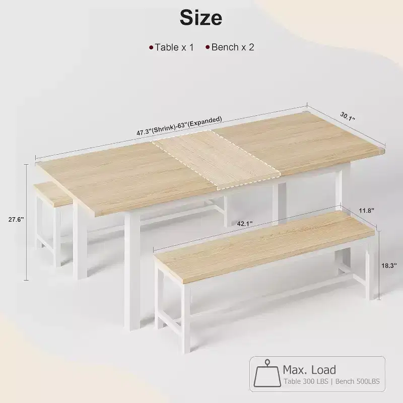 Extendable Dining Table Set for 48 with Benches and Stools, 63 Large Wooden Kitchen and Dining Table