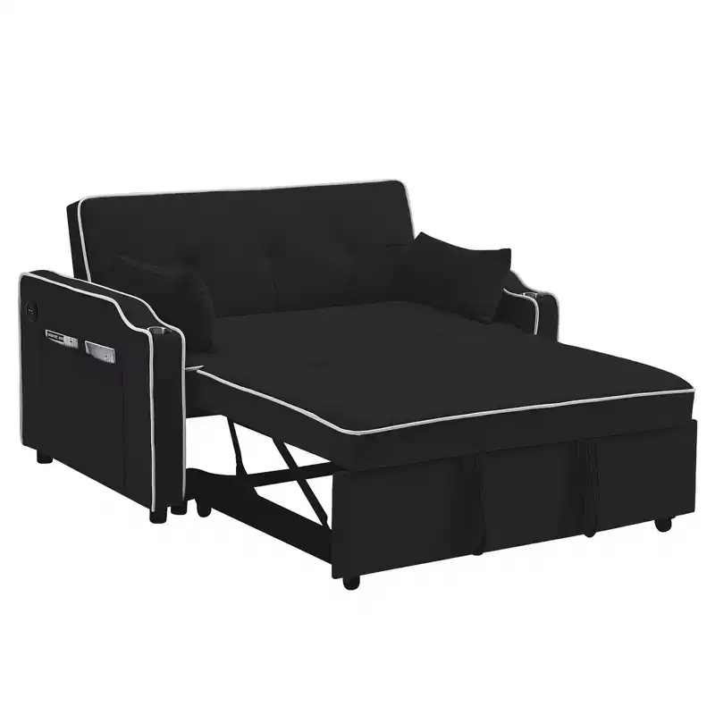 GustoWave Sleeper Sofa Couch Bed with port, Modern 3-in-1 Convertible Velvet Pull Out Loveseat Futon Sofa, with Adjustable Backrest, Black