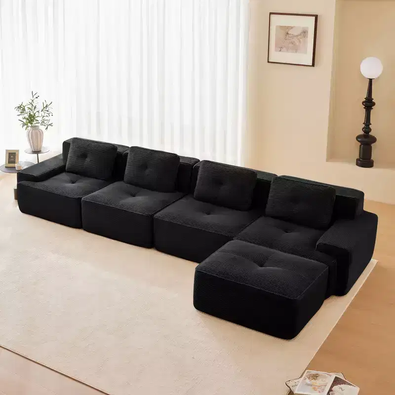 153 Modern L-Shaped Modular Sectional Sofa for Living Room, Corduroy Fabric, 4-Seater Couch with Deep Seat and Movable Ottoman,Camel