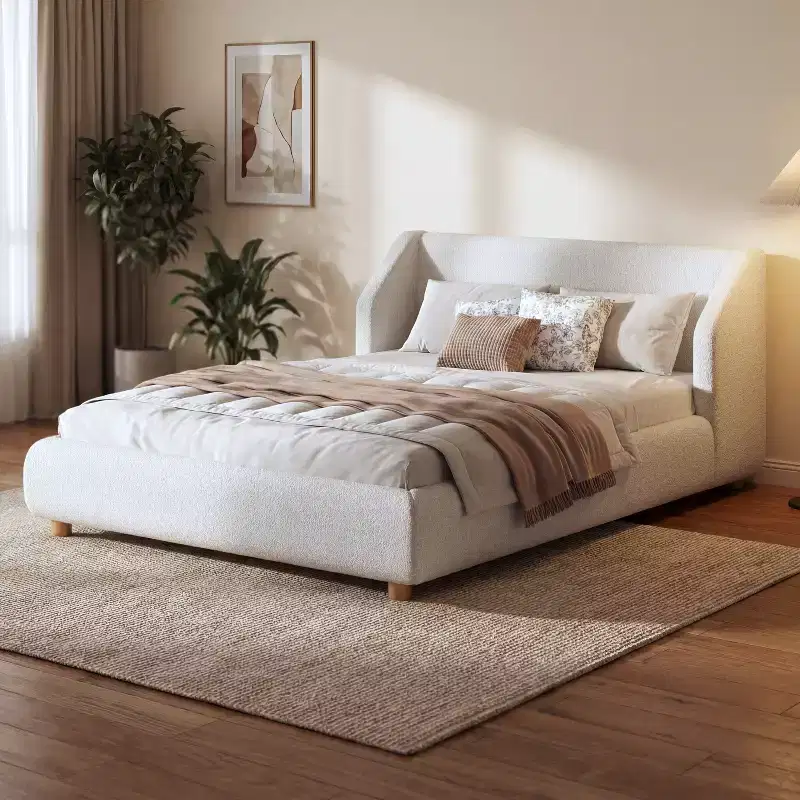 Queen/King Size Upholstered Platform Bed Frame Low Profile Bed with Padded Wingback Headboard, White - ModernLuxe