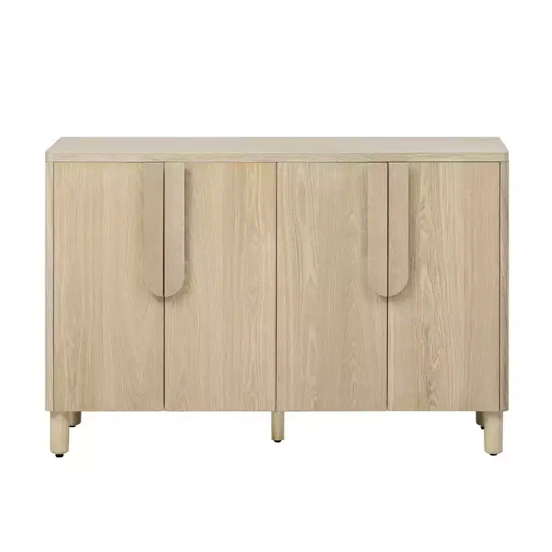 4-Door Sideboard Cabinet with Storage, Unique Arc Handles and Adjustable Shelves for Dining and Living Room, Natural