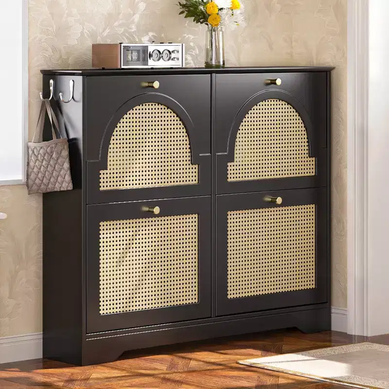 Mid-Century Narrow Shoe Cabinet with 4 Flip Drawers, Rattan Doors & 2 Hooks, Black