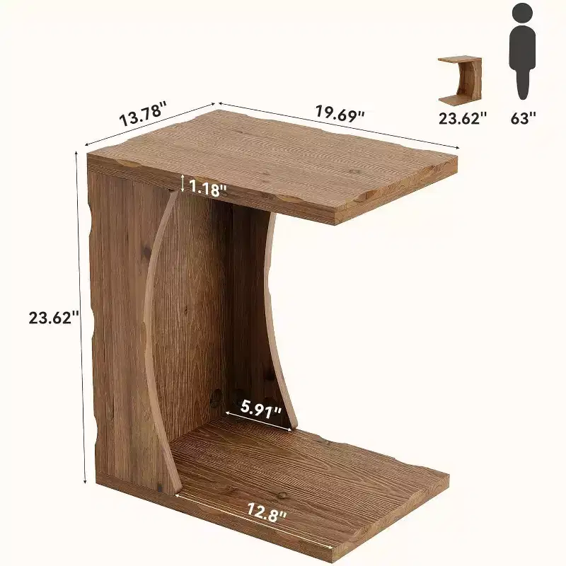 Lantine C-Shaped End Table for Living Room, Solid Wood Small Skinny Side Table for Couch with Storage Shelf for Easy Assembly, Rustic Brown