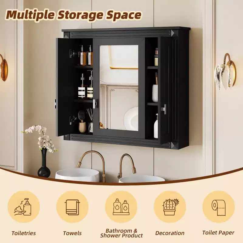 FAMYYT 35 in. W x 28 in. H Rectangular MDF Medicine Cabinet with with Mirror, Soft-closing Hinges, 8 Shelves, Black