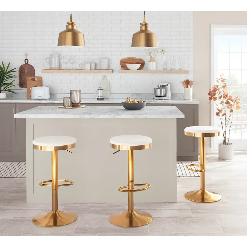 Set of 2 Counter Bar Stools | Gold Steel Frame | White Faux Leather | Adjustable Height