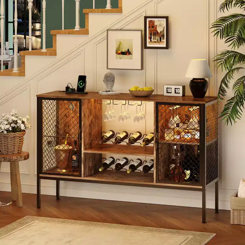Wood Liquor Cabinet w/Doors, Glass Holders & Storage, Industrial Coffee Bar Cabinet with Led Lights and Power Outlets, for Home Dining Living Room