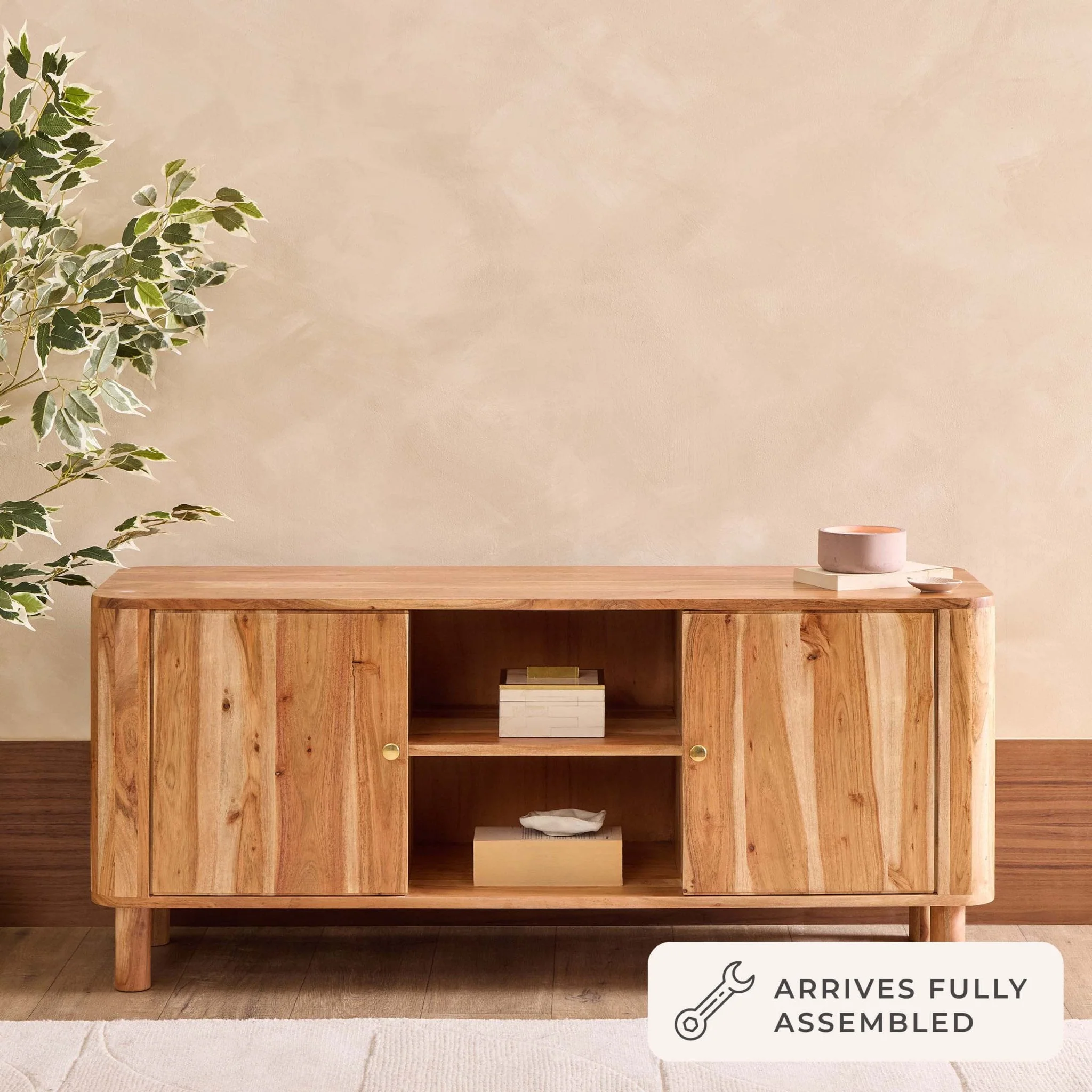 Organic Natural Acacia Wood TV Unit with Open Shelving for TVs up to 50 Inch for Living Room