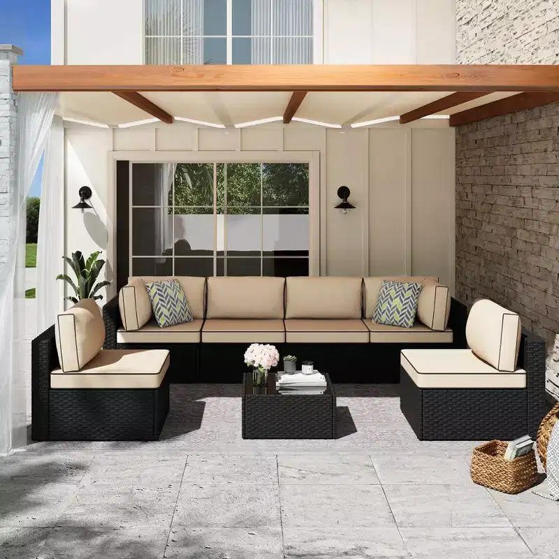Celebalcony 7 Pieces Outdoor Sectional Sofa Patio Furniture Sets. Black Wicker Rattan Patio Conversation Sets with Cushion and Glass Table