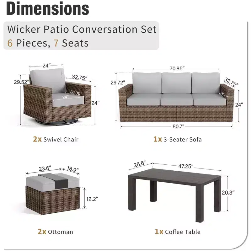 Captiva Designs 6pc Wicker Outdoor Patio Conversation Set with swivel Coffee Table and Ottoman for Backyard Deck Poolside