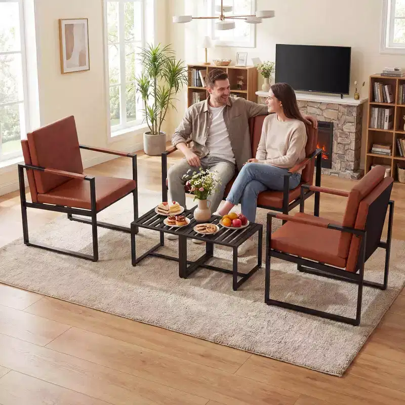Modern 2-Seater Loveseat Sofa with Solid Metal Frame & Removable Back Cushions, Brown/Gray + Black