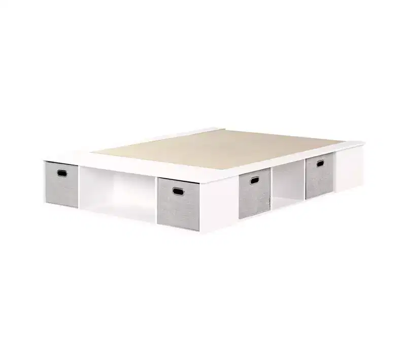 Queen Platform Storage Bed with Underbed Shelves & Fabric Bins – White, No Box Spring Needed