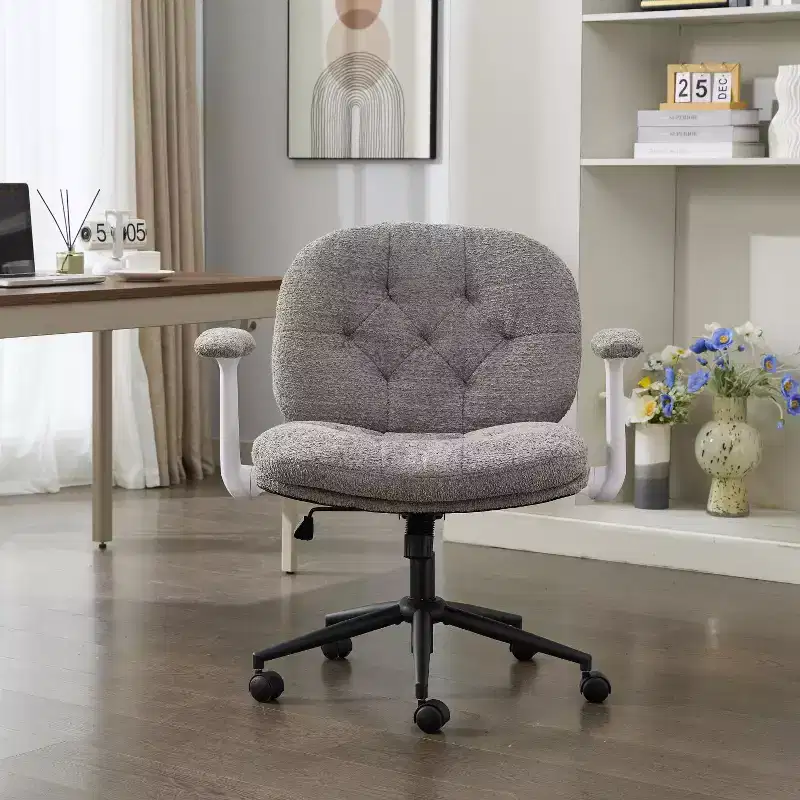 Grey Cross-Leg Flip-Arm Chair: Wide Seat Swivel C Comfy Desk/Vanity for Women, Home/Office Ready