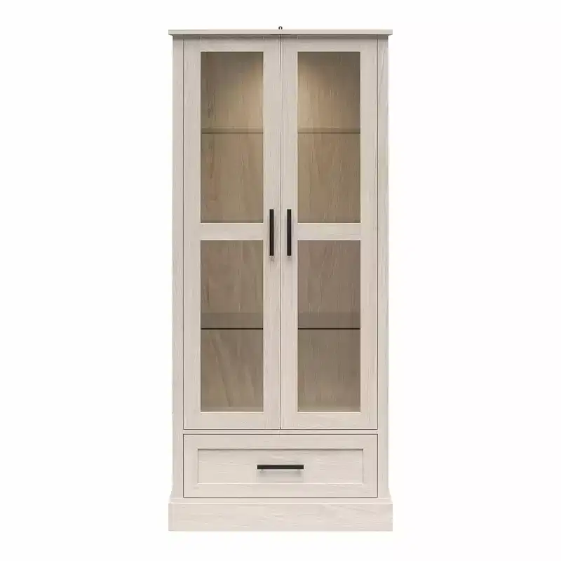 Sherman Curio Cabinet with Glass Doors and Storage Drawer, White Oak