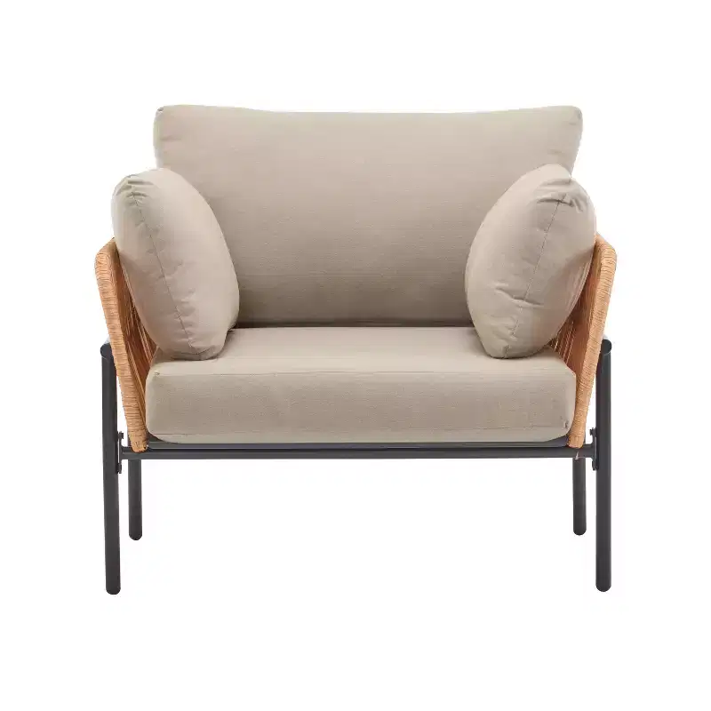 36W Patio Accent Chair Lounge Chair Arm Chair with Cushions, Pillows and Stylish Rope-Weave Design, Iron, Beige+Grey/Natural-ModernLuxe