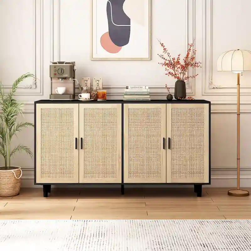 62.20 Elegant and Functional 4-Door Rattan Decorative Storage Cabinet for Bedroom, Living Room, Office, Easy Assembly, Black