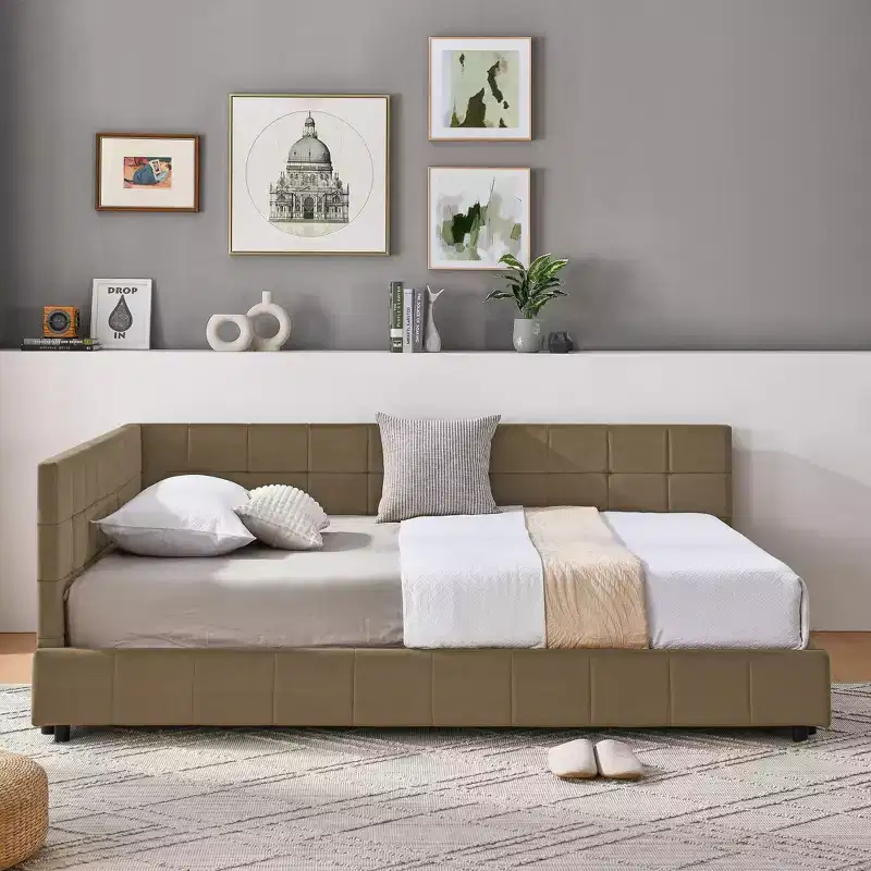 Full Size Upholstered Tufted Daybed Frame with Backrest and Armrests, Brown