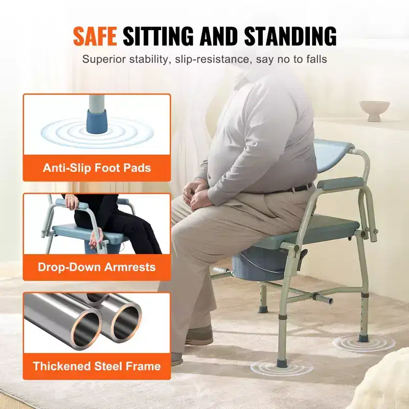 Bedside Commode Chair with Drop-Down Arms, 1000 lbs Capacity, 5-Level Height