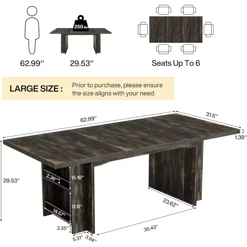 Lantine Farmhouse Dining Table for 4-6, 62.99Rectangular Dining Table with Storage for Kitchen, Living Room