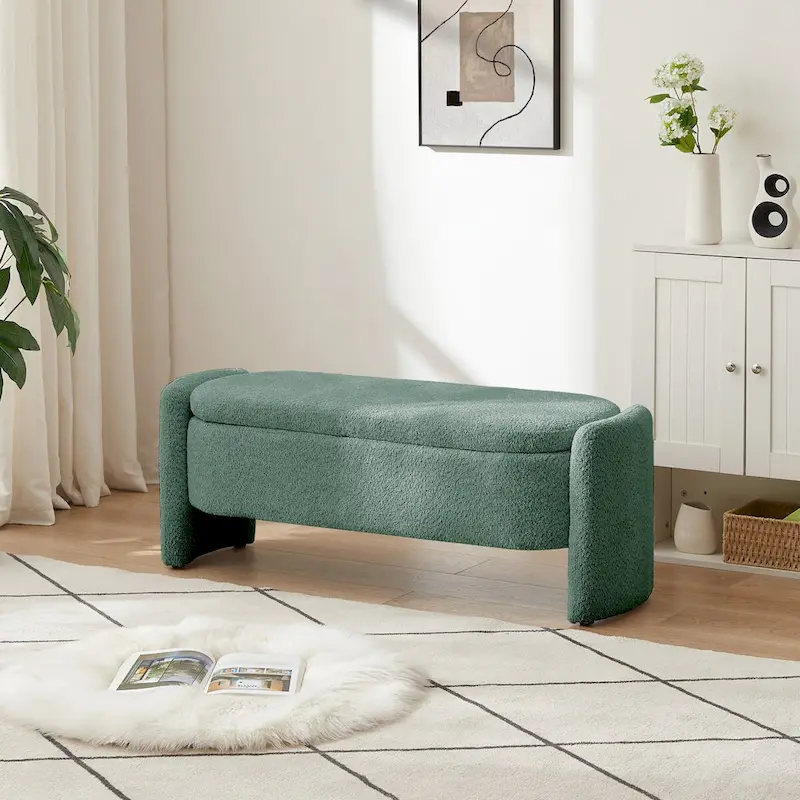 Ottoman 3D Lamb Fleece Fabric Storage Bench w/ Large Storage Space
