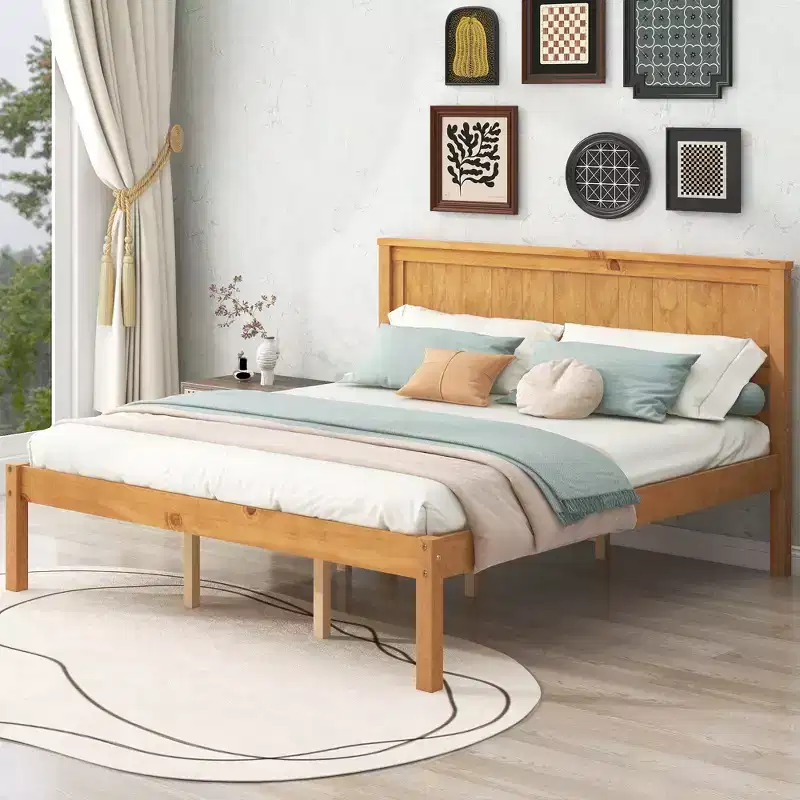 Queen Size Platform Bed with Headboard – Oak, 400 lbs, No Box Spring