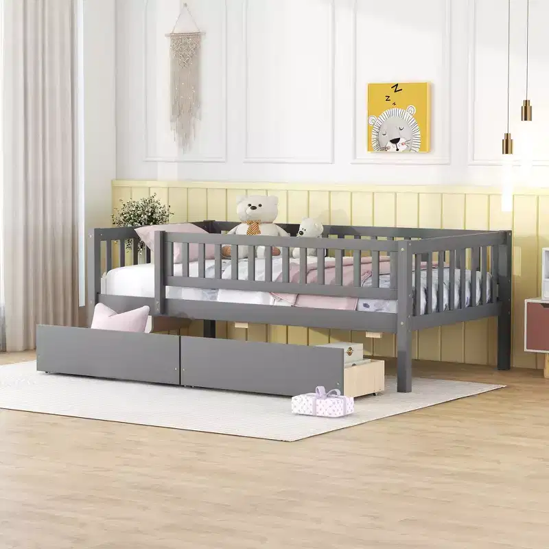 Twin Size Low Daybed with Storage Drawers, Wood Twin Platform Bed Frame with Rails for Boys and Girls Bedroom