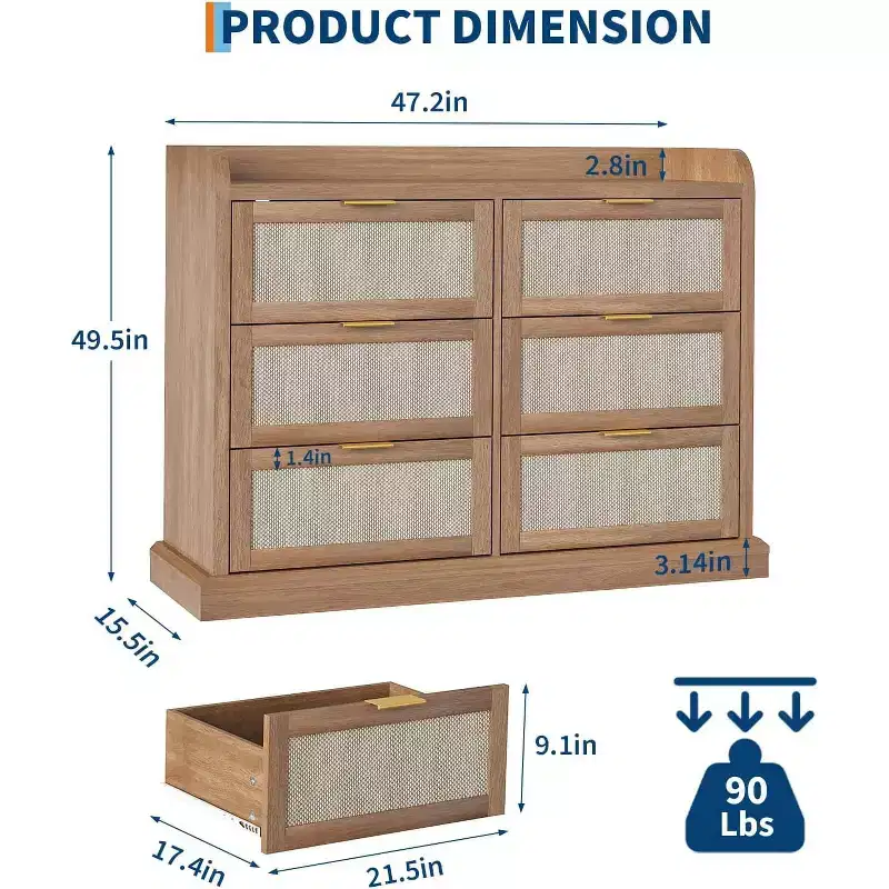 Farmhouse 6 Drawer Dresser for Bedroom, Rattan Chest of Drawers with Storage,Large Dresser Chest of Drawers with Gold Handle,for Bedroom/Entryway