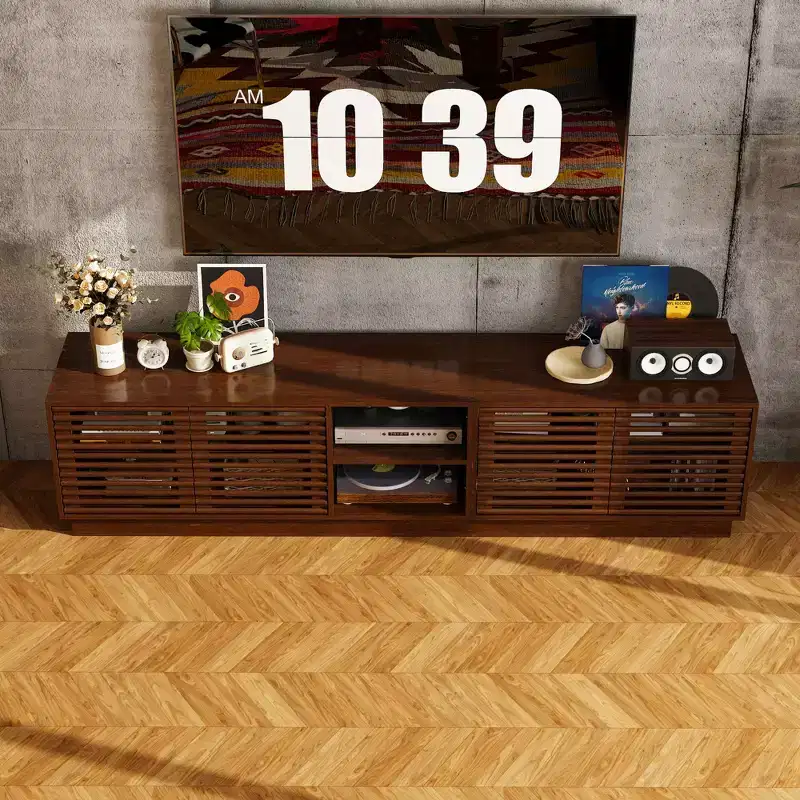 Famapy Rustic Brown Slatted - Door TV Stand Entertainment Center Media Console with Ample Storage