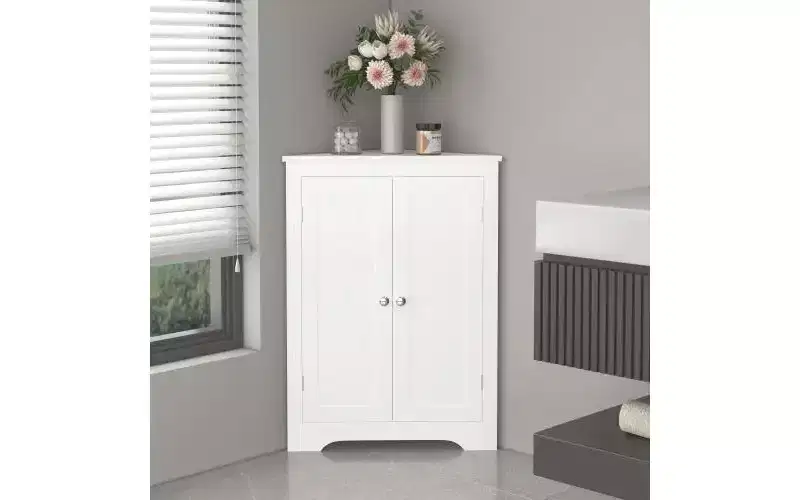 Floor Corner Cabinet with 2 Doors and Adjustable Shelves, Freestanding Storage Organizer, White