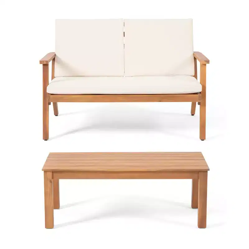 GDFStudio Deborah Outdoor Acacia Wood Loveseat and Coffee Table Set with Cushions