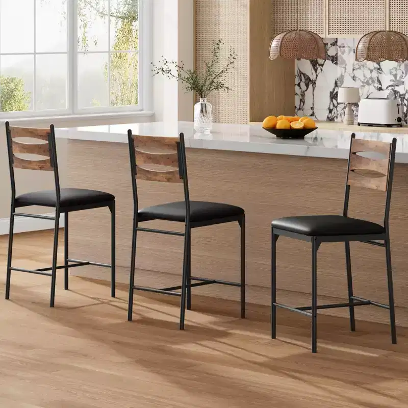 GustoWave Thick Cushioned Bar Stools Set of 2 - Faux Leather Stools with Wood Backrest