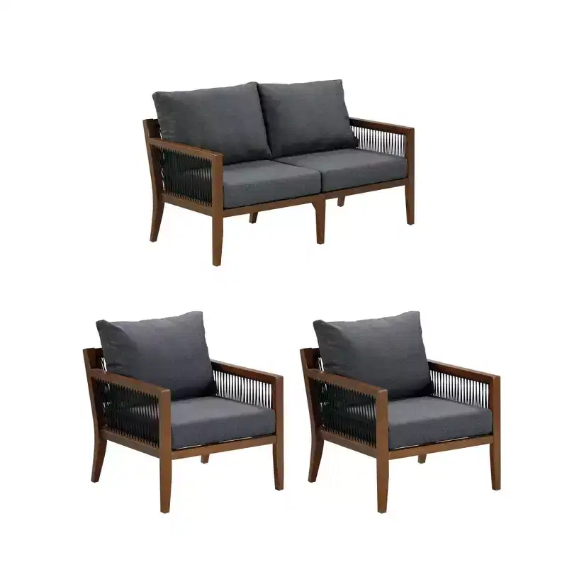 Nathan James 3pc Freya Bohemian Wood Outdoor Patio Conversation Set Dark Gray
